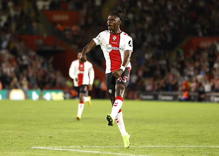 Romeo Lavia pictured celebrating after scoring his first ever Premier League goal in Southampton's 2-1 win over Chelsea in August 2022